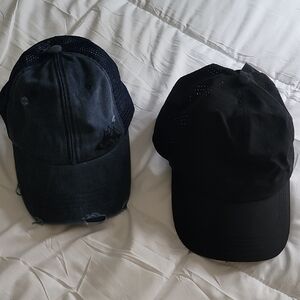 Black Messy Bun Cap and Distressed Denim Trucker Cap